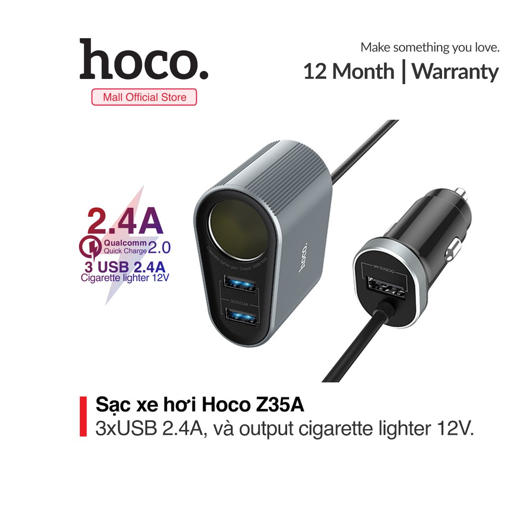 Tẩu Sạc Điện Thoại trên Xe hơi 2.4A Hoco Z35A kèm đầu sạc phụ đi kèm với đèn LED màu xanh