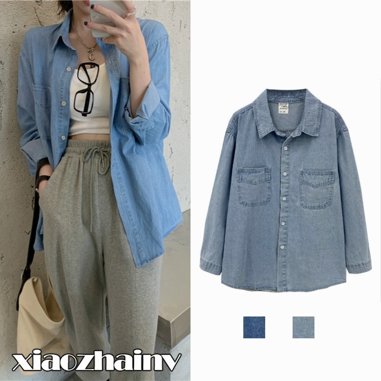 Áo Sơ Mi Denim Xiaozhainv Tay Dài Dáng Rộng Kiểu Hàn Quốc Dễ Phối Đồ Cho Nữ