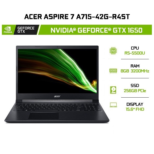 Laptop gaming Acer Aspire 7 A715-42G-R4ST (R5-5500U/RAM 8GB/ SSD 256GB/15.6inch FHD IPS/AX/Win/GTX 1650 4G/2kg Đen)