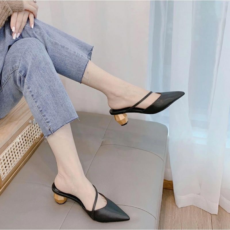 Guốc cao gót bít mũi gót lục giác 5p, sandal cao gót mũi nhọn gót lục giác