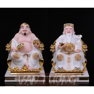 Bộ tượng thần tài thổ địa ngồi ghế đá cao cấp trắng vàng