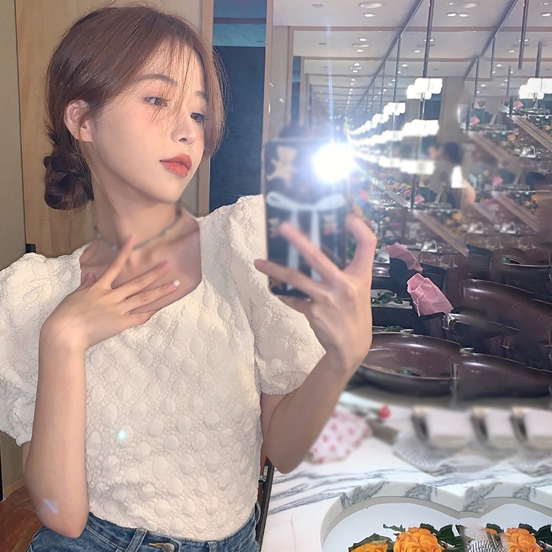 Áo Sơ Mi Crop Top Cổ Vuông Tay Ngắn Màu Trơn Phối Nơ Phong Cách Hàn Quốc Thời Trang Cho Nữ