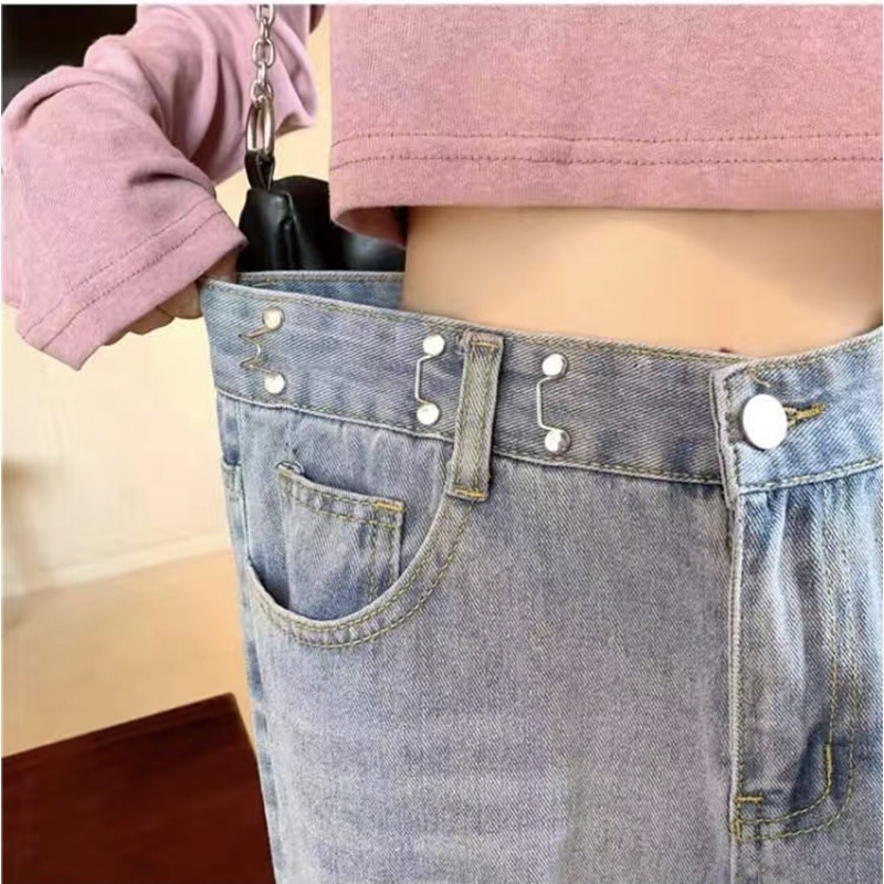 [SẴN] Quần jeans denim dài cạp cao, ống suông, có nút gài eo quần bò thần thánh kéo dài chân