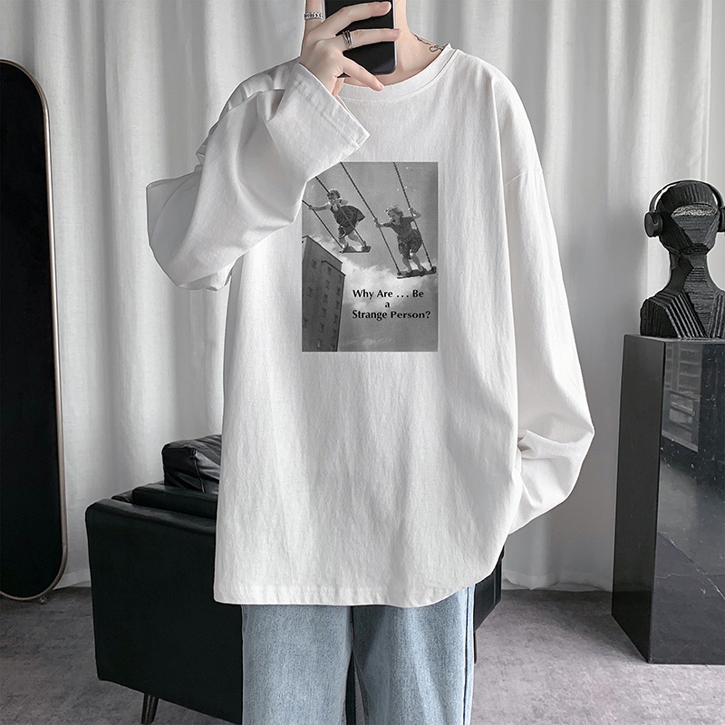 Áo thun tay dài cổ tròn in hình 3 màu phong cách Hàn Quốc cho nam và nữ