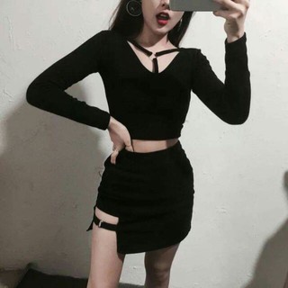 Chân Váy Kaki đen Chữ A Dáng ngắn Váy Thiết Kế Xẻ Quyến Rũ