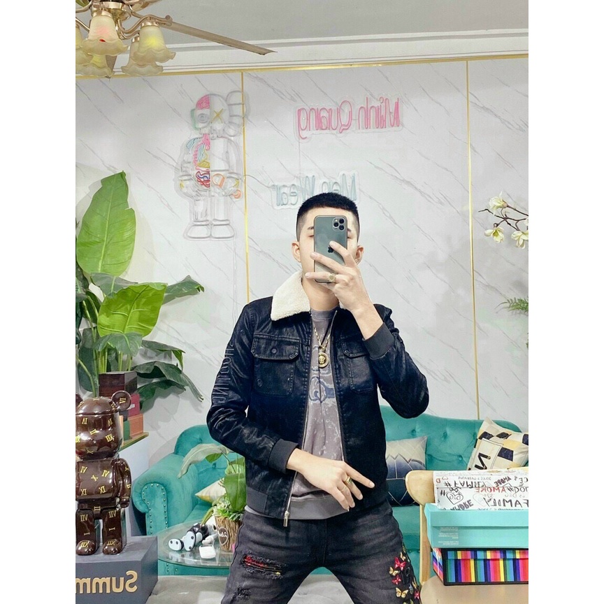 Áo khoác da Nam - cổ bẻ kèm lông cừu