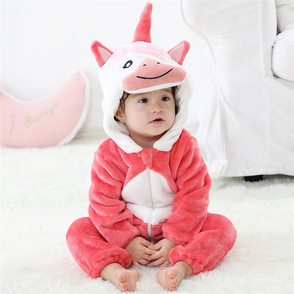 Áo Liền Quần Tay Dài Có Nón In Hình Gấu Trúc Hoạt Hình Dành Cho Bé Trai Gái 0-24 Tháng Tuổi