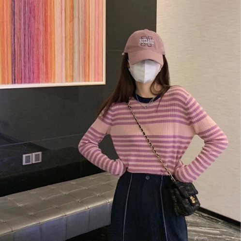 Áo len ZHELIHANGFEI thiết kế tay dài cổ tròn họa tiết kẻ sọc ngang thời trang dễ phối đồ cho nữ