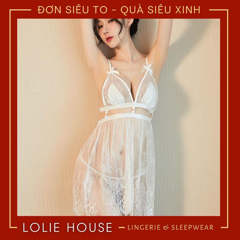 Váy ngủ sexy gợi cảm xuyên thấu thắt nơ sau lưng - Đầm ngủ ren hai dây sexy LOLIE HOUSE - VN13