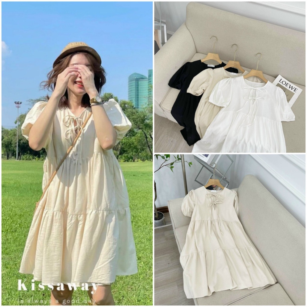 váy babydoll nữ cộc tay buộc dây ngực, đầm nữ ngắn vải đũi mặc thoải mái | WebRaoVat - webraovat.net.vn