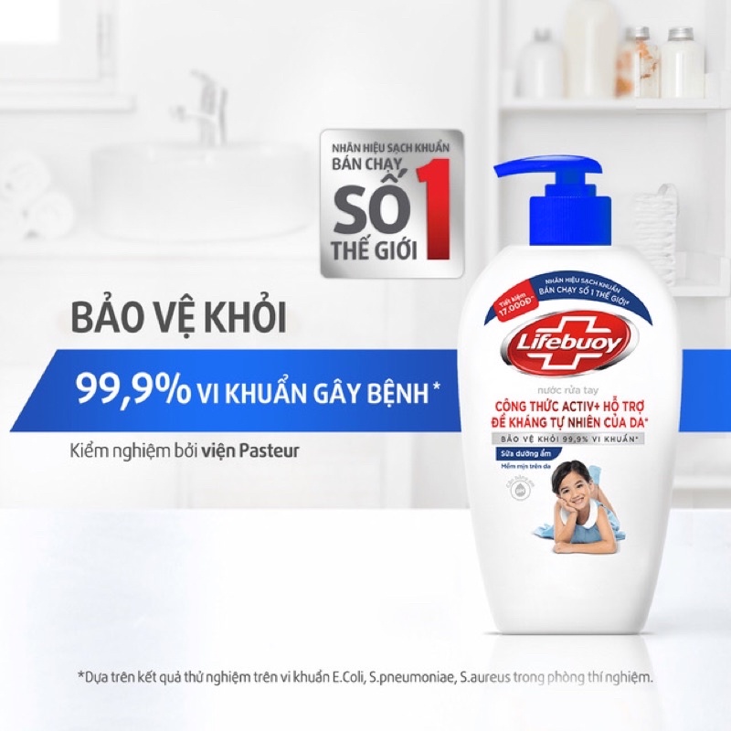 [LIFEBUOY] Nước rửa tay Lifebuoy giúp sạch khuẩn và bảo vệ vượt trội khỏi 99.9% vi khuẩn tốt nhất - chai 180g/500g