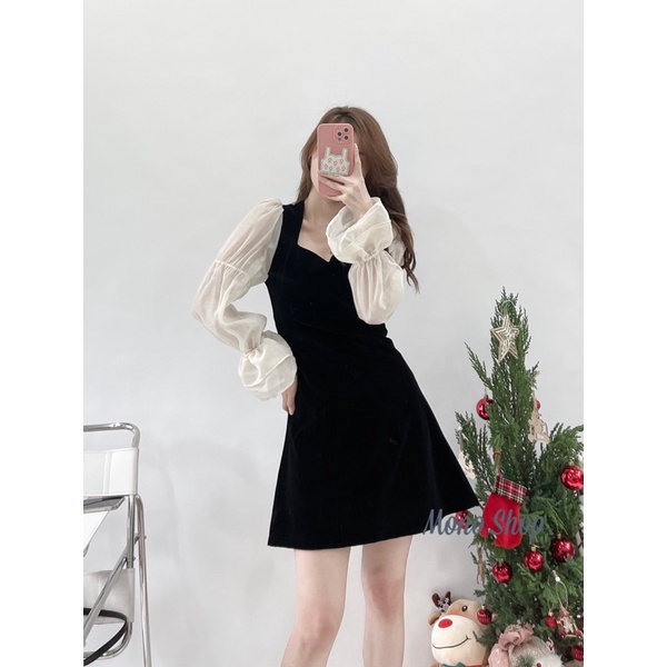 Váy nhung cổ vuông xẻ V nhỏ tay voan bo chun, đầm nữ nhung tay voan Ảnh thật/ sẵn | BigBuy360 - bigbuy360.vn