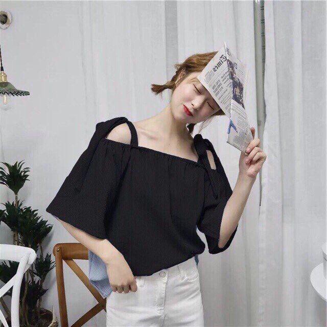 🐚[NarikoShoppu2020] 11254B1 Áo trễ vai cột nơ phong cách hàn Quốc