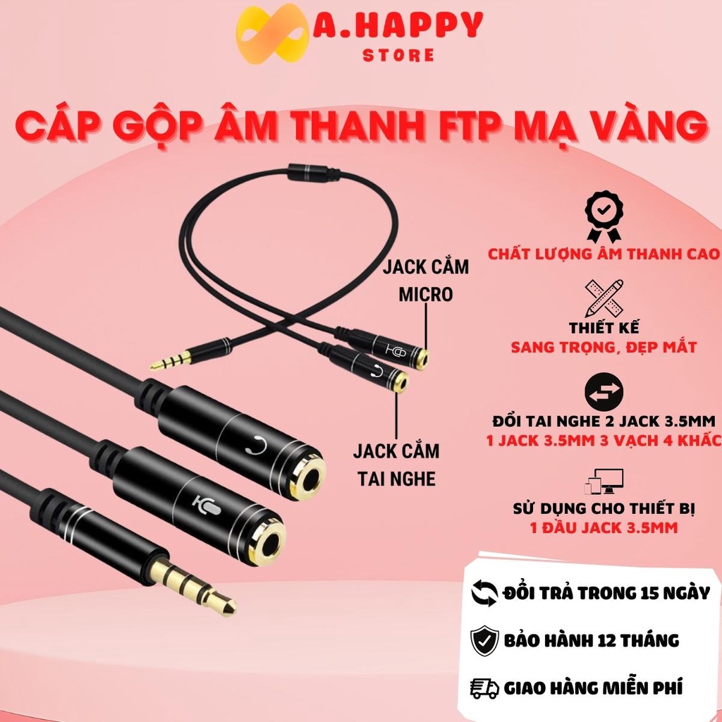 Cáp gộp âm thanh FTP mạ vàng cao cấp 3 vạch 4 khấc | Tai nghe 2 jack 3.5mm chuyển đổi sang 1 jack 3.5mm 3 vạch 4 khấc