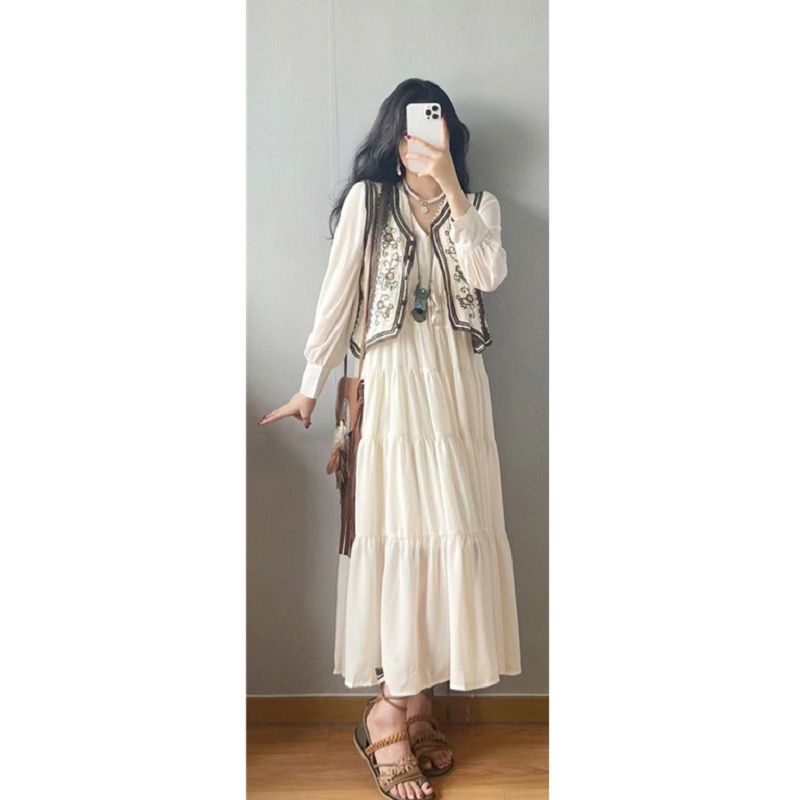 Đầm Dài Mỏng Dáng Rộng Tay Dài Cổ Chữ V Phong Cách bohemian Mùa Thu Cho Nữ