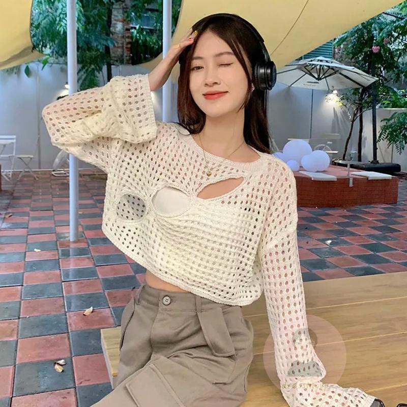 Áo Thun Nữ Dệt Kim Dài Tay Cổ Tròn Thời Trang