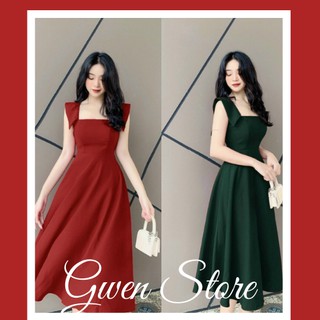 Đầm Xòe Cánh Tiên, Lộ Tay, Màu Đỏ và Xanh Rêu- GWEN- Đầm thiết kế sang chảnh, ảnh chụp thật