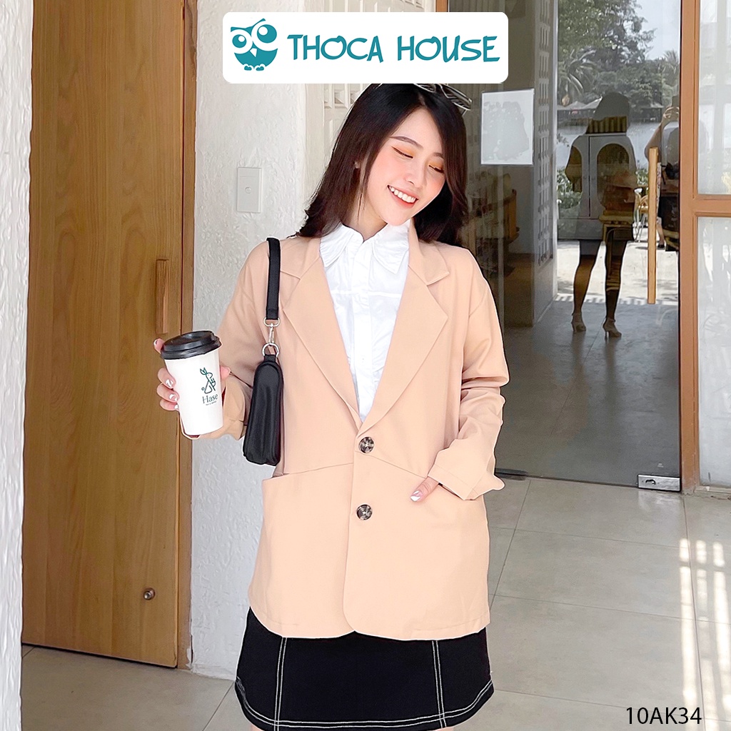 Áo khoác blazer túi xéo THOCA HOUSE đen, trắng, kem, hồng, cà phê mềm mại freesize phù hợp đi làm công sở, sự kiện