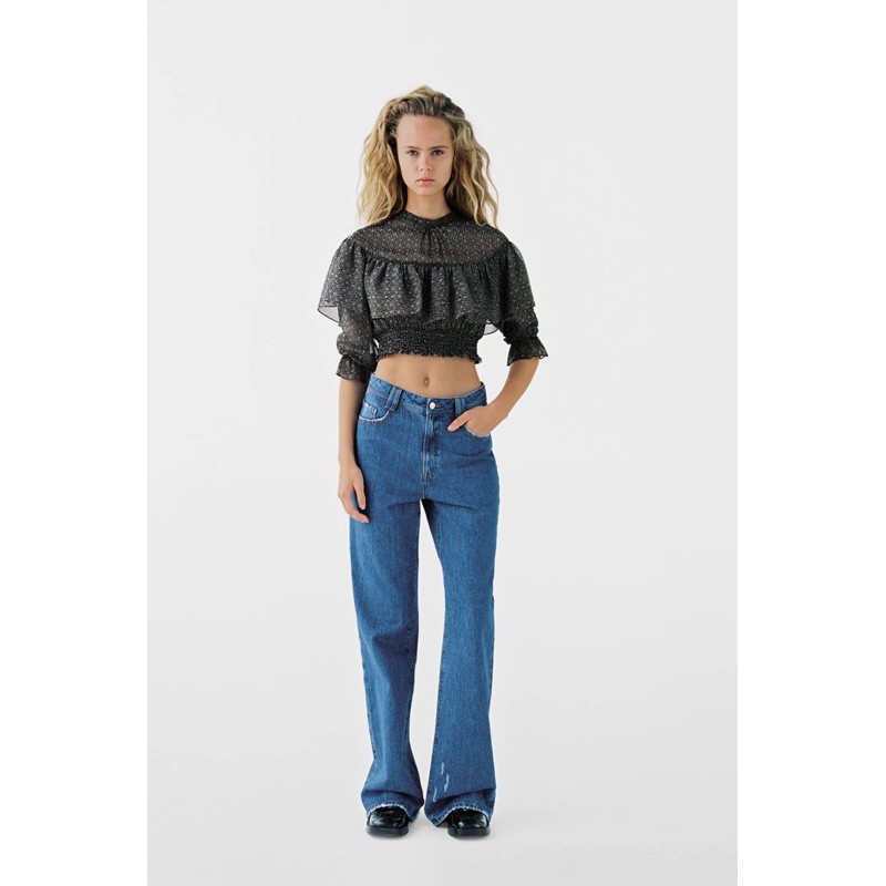 Áo ZARA croptop hoạ tiết phối chỉ kim tuyến