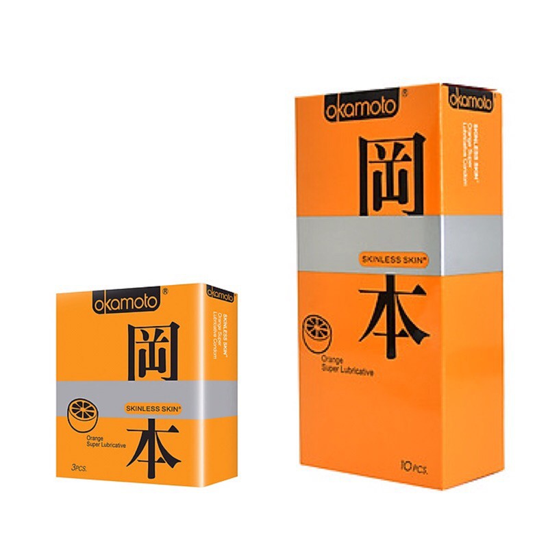 Bao cao su siêu mỏng okamoto kéo dài thời gian bcs hương cam orange hộp 10 chiếc nhiều gel bôi trơn