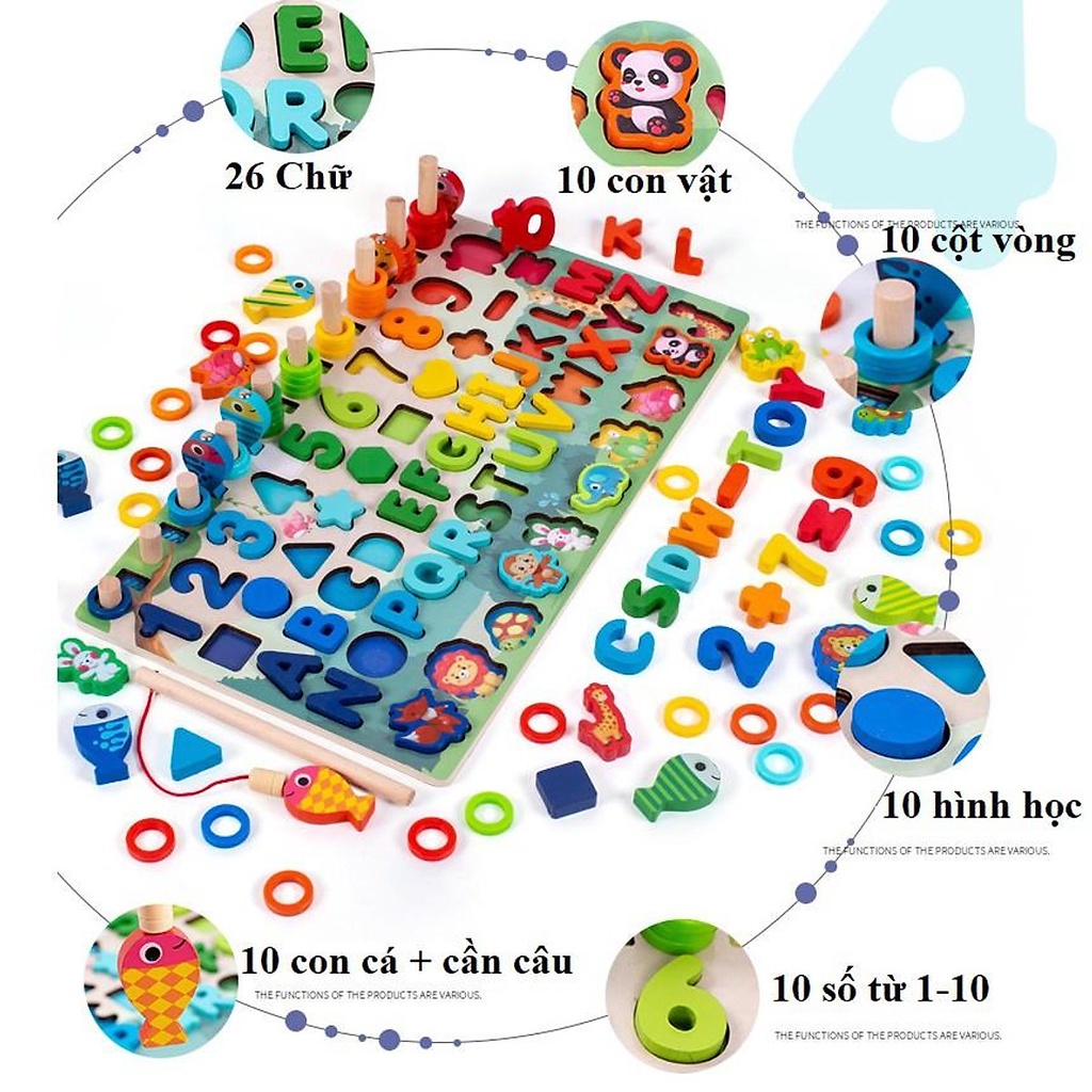 Bảng Ghép Gỗ Montessory Đa Chức Năng 6 Trong 1 Câu Cá Xếp Chữ Số Hình Khối Phương Tiện Giao Thông Thả Vòng rèn trí tuệ