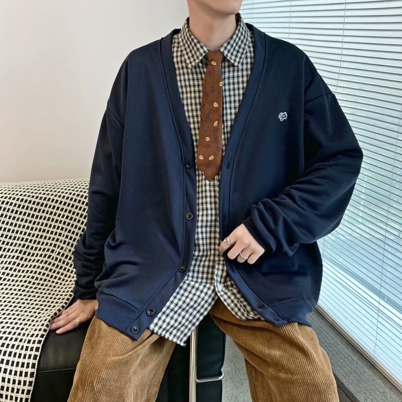 Áo Khoác Cardigan Tay Dài Dáng Rộng Màu Trơn Phong Cách Hàn Quốc Thời Trang Dễ Phối Cho Nam