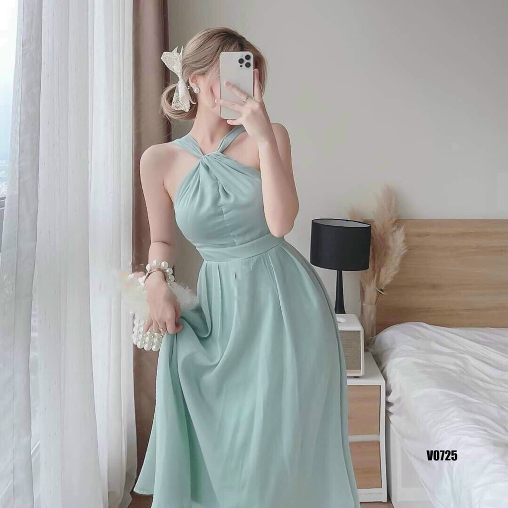 Đầm công chúa dáng dài đi chơi, đầm tiểu thư cổ yếm hở lưng phong cách bánh bèo có mút chuẩn hàn quốc