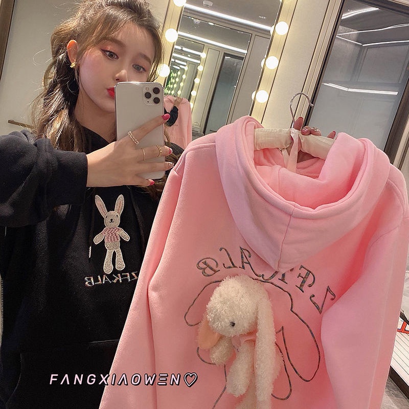 Đầm hoodie dáng rộng phối lông thỏ ba chiều thời trang xuân thu Hàn Quốc 2021 cho nữ