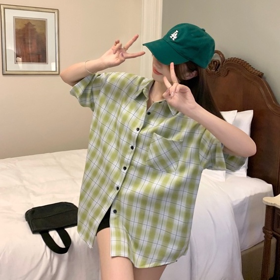 【ZHELIHANGFEI】Áo Sơ Mi Tay Ngắn Dáng Rộng Họa Tiết Sọc Theo Phong Cách Nhật Bản Dễ Phối Đồ