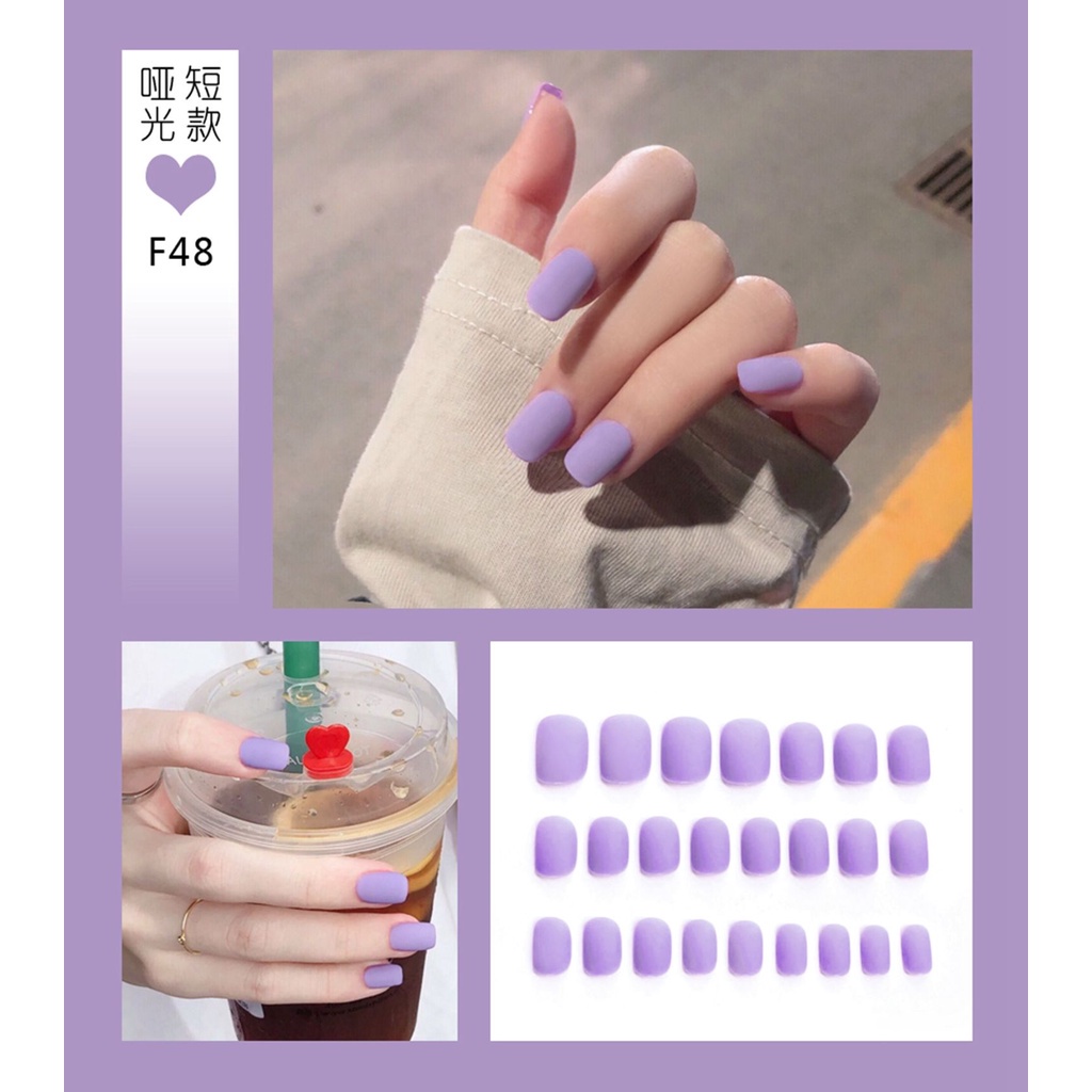 [Hàng mới về] Hộp 24 móng tay giả ngắn màu nhám thời trang cho nữ với keo tiện dụng