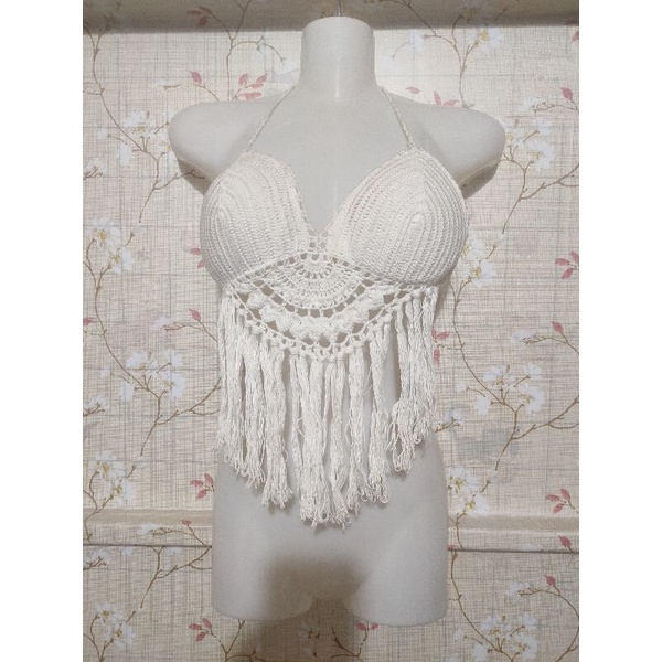 Bikini áo bơi len móc trắng