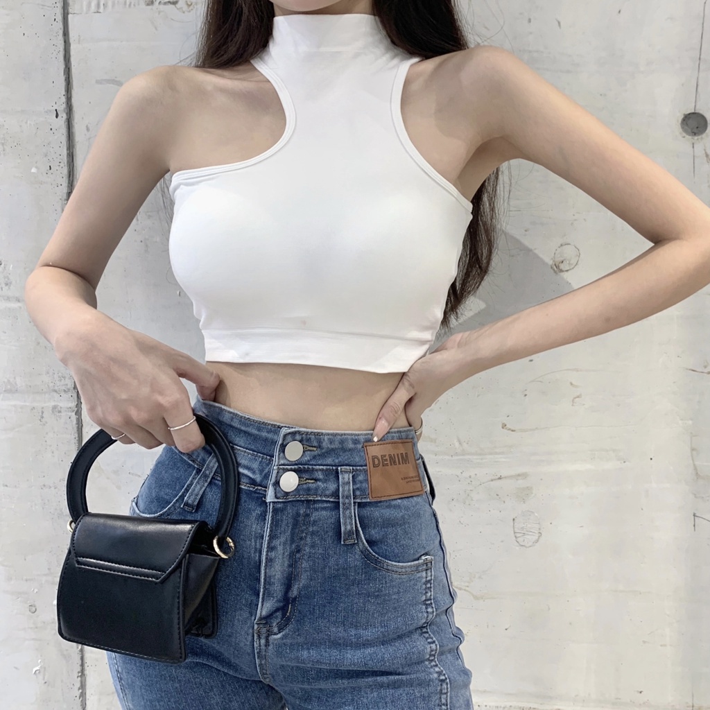 Áo croptop SUXI không tay co giãn bất đối xứng thời trang Hàn Quốc quyến rũ dành cho nữ