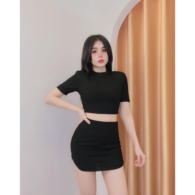 Set Đồ Nữ Thể Thao Áo Kiểu Chân Váy Trắng Đen Xanh Khoá Kéo  byChang