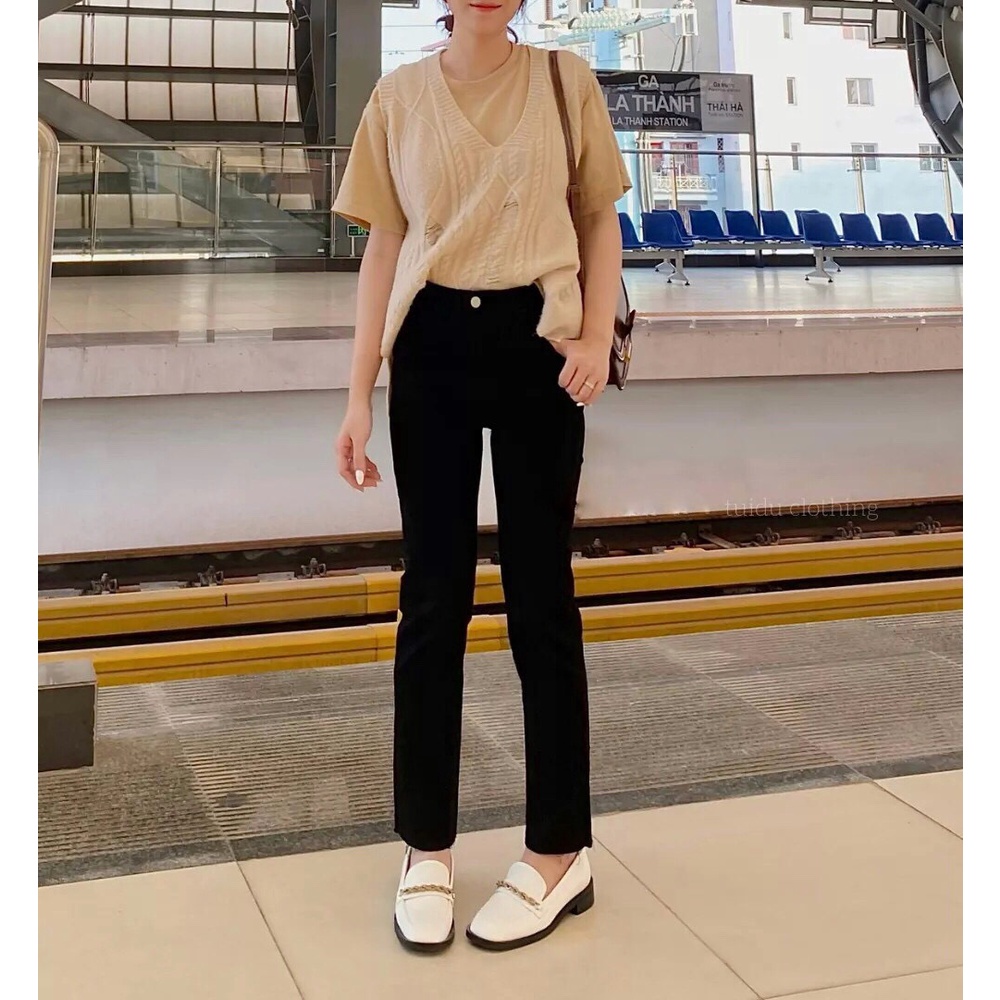 Quần Jean ỐNG ĐỨNG ĐEN Cici, Quần Bò Đen Ống Đứng CẠP CAO 2 KHUY Cao Cấp Phong Cách Hàn Quốc - CiCi Jeans