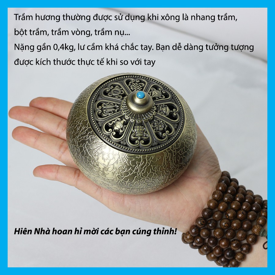 Lư xông trầm hương - Lư hương đốt trầm khắc hình Bát bảo cát tường - Tặng kèm đế cắm nhang - Hiên Nhà