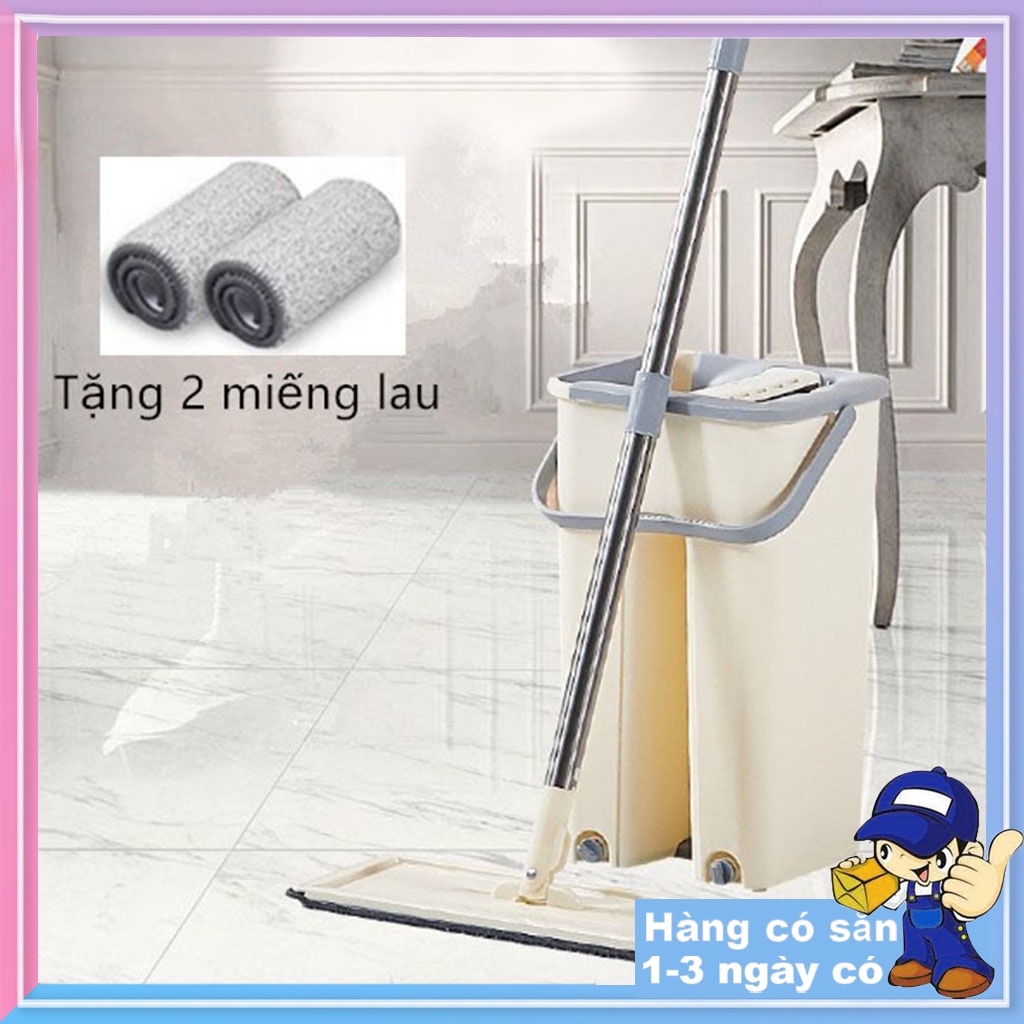 Cây lau nhà, bộ chổi lau nhà tự vắt thông minh 2 ngăn 360 độ (Kèm 2 tấm thảm lau)