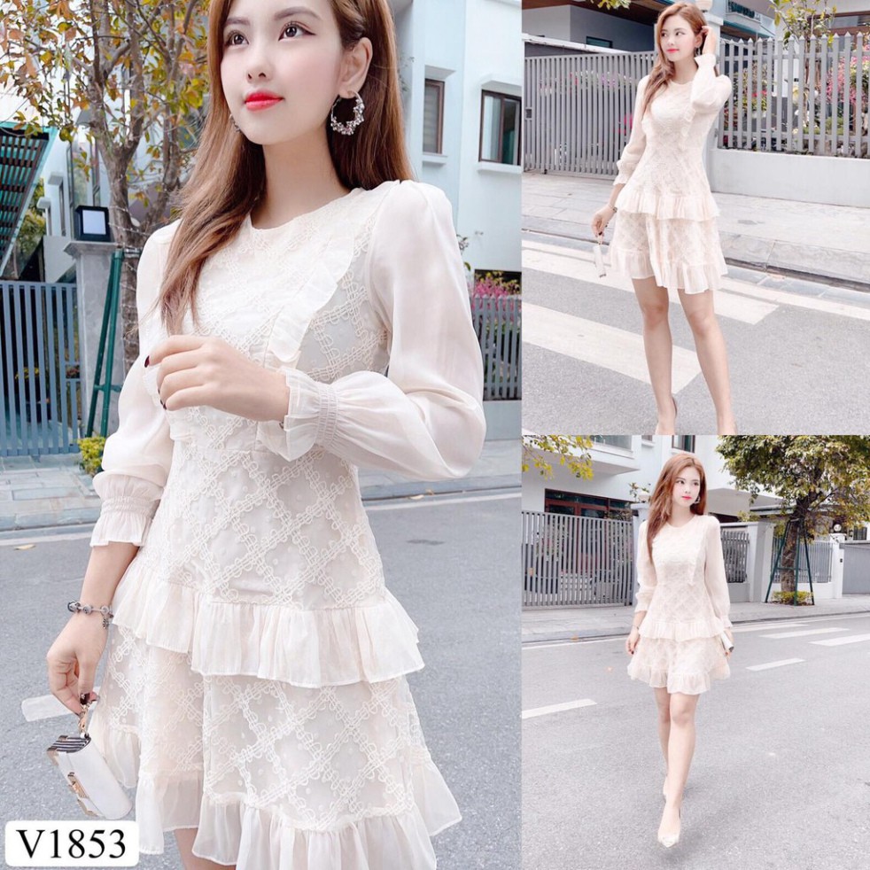 Váy xoè tầng viền bèo tay bồng cao cấp V1853 - Váy đầm đẹp dự tiệc DVC Fashion kèm ảnh thật