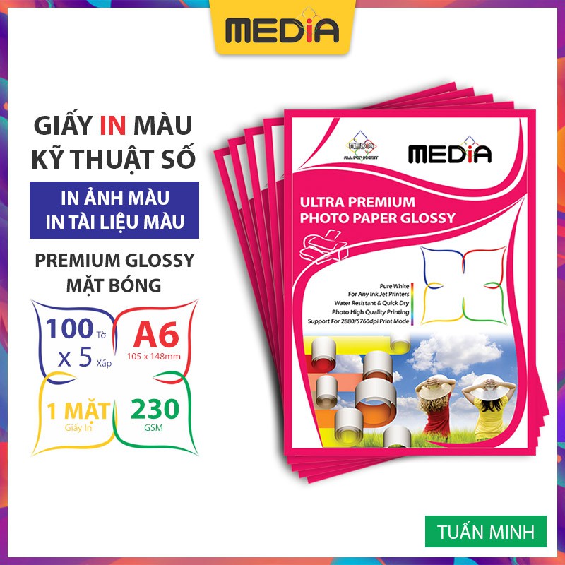 Bộ 5 Xấp Giấy In Ảnh Media 1 Mặt Bóng A6 200gsm 100 Tờ x 5 | BigBuy360 - bigbuy360.vn