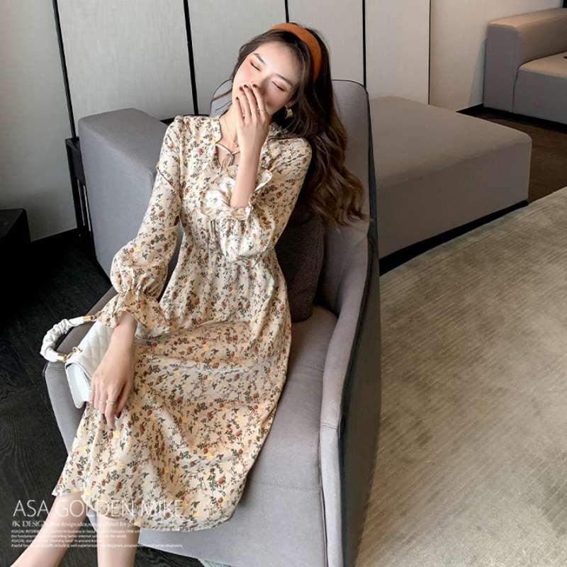 Đầm nữ in hoa tay dài thời trang retro phong cách Hàn Quốc