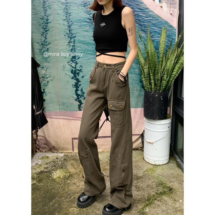 Quần Yếm Jean Ống Rộng Lưng Cao Thời Trang Mùa Hè Phong Cách Mỹ Cổ Điển Kiểu Mới Cho Nữ