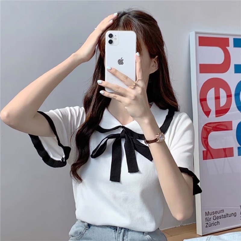 áo len dệt kim cổ lá sen mix nơ (5108#)