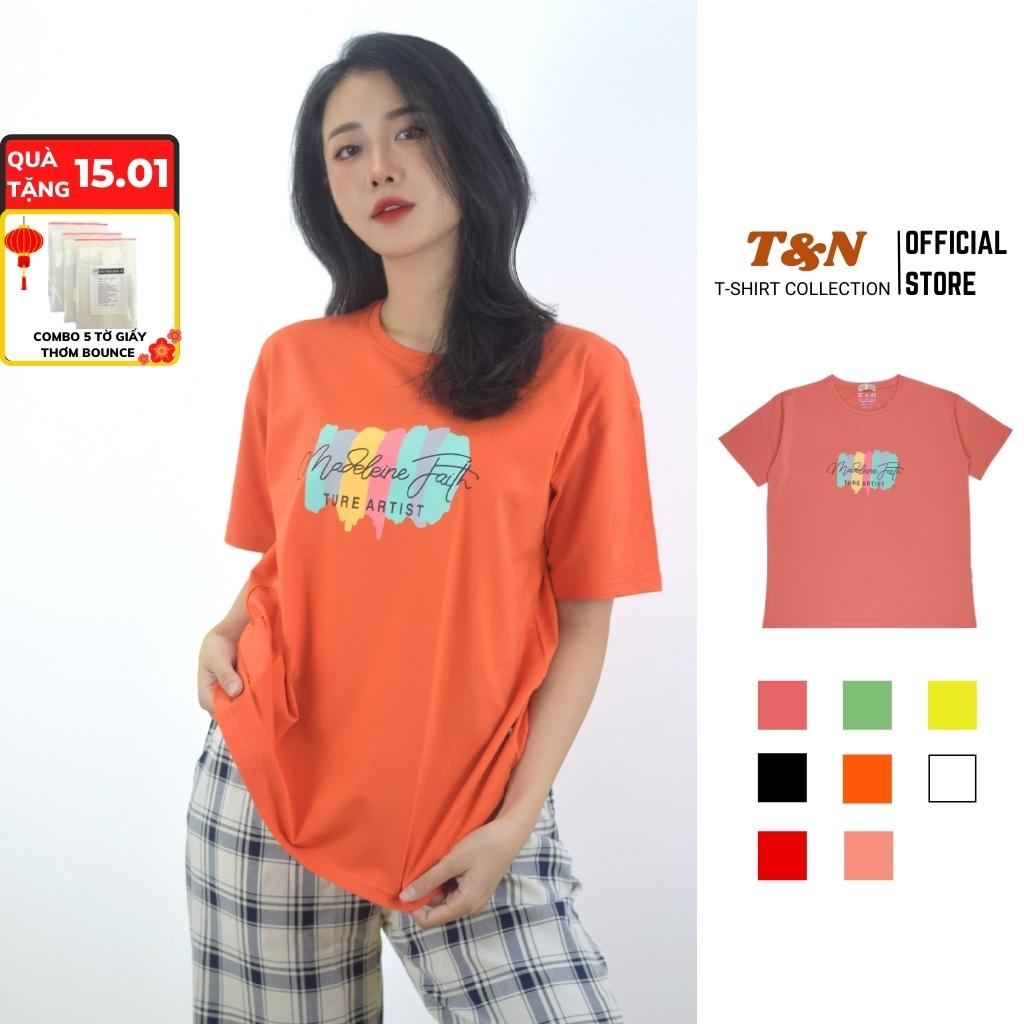 Áo Thun Nữ cổ tròn tay ngắn T&amp;N form rộng xuông in hình+ chữ, vải thun Cotton 100% mềm mại thoáng mát
