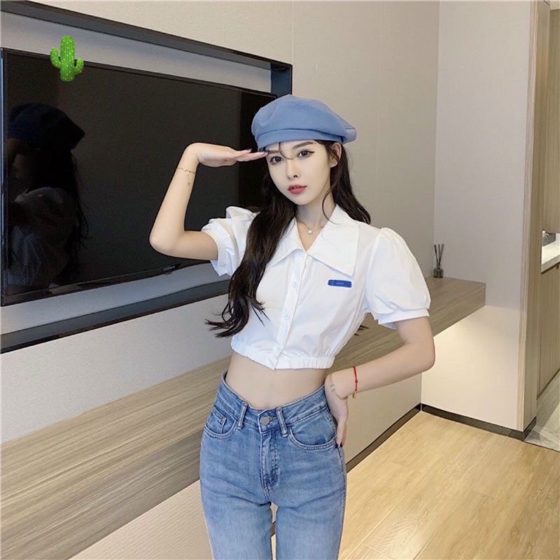 Áo sơ mi Ngắn CROPTOP bo eo chun thêu LÔ GÔ tay ngắn PC
