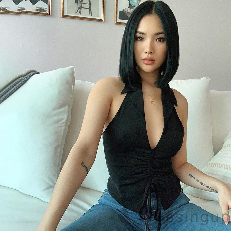 Áo ôm dáng sát nách cổ chữ V khoét sâu phối dây rút gợi cảm hợp mùa hè cho nữ | BigBuy360 - bigbuy360.vn