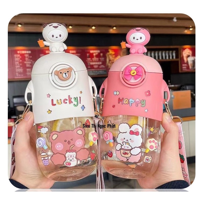 Bình Nước Gấu Ngộ Nghĩnh cho bé_Có Quai Đeo_650ML_Kèm Sticker dán