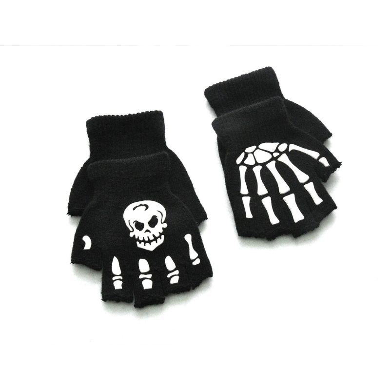 ✿ Halloween Cosplay Fingerless Gloves Luminous Skull Skeleton Mitten for Boys Girl
