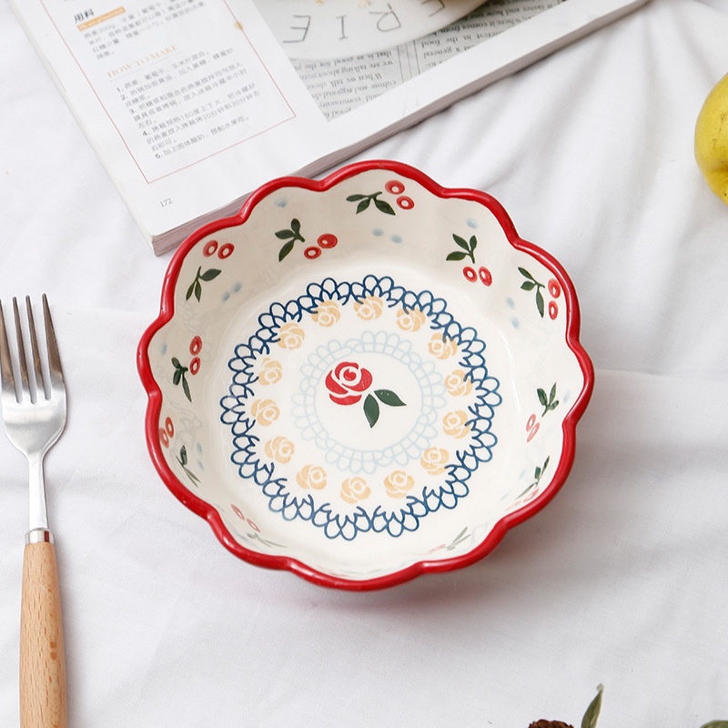 Bộ bát đĩa Cherry gốm sứ, thố Cherry handmade viền sóng dễ thương, hình trái tim độc đáo Hàn Quốc Nhật Bản KITCAT STORE