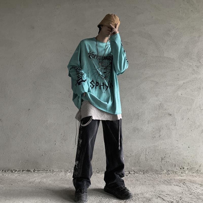 Mragần Như Áo Thun Dài Tay Dáng Rộng Giả Hai Lớp In Hình Đầu Mèo Phong Cách gothic Đường Phố Cá Tính