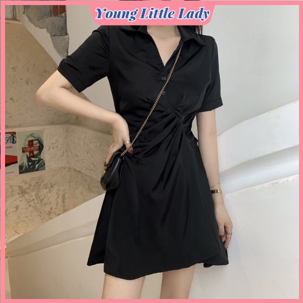Mới Đầm Sơ Mi Màu Đen Thiết Kế Xếp Ly Độc Đáo
