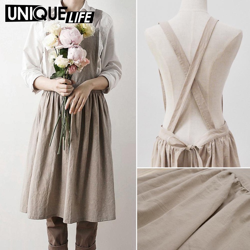 Tạp Dề Nấu Ăn Không Tay Bằng Cotton Lanh Màu Be Yoyoyo01